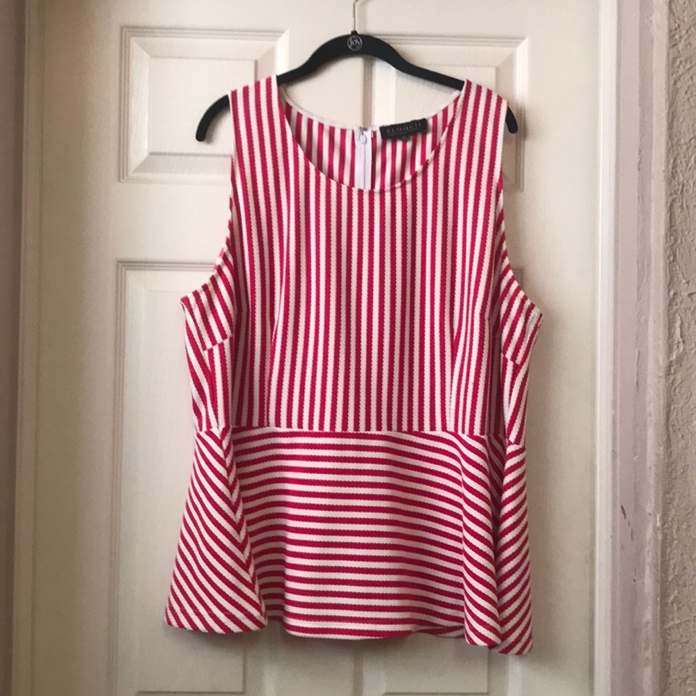 Magenta and white striped peplum blouse.